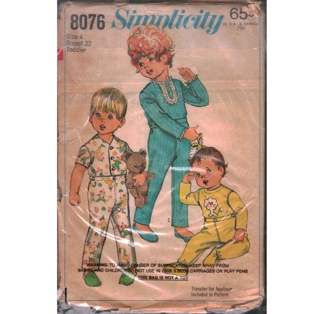 Vintage 1968 Simplicity 8076 Toddler Pajamas Sewing Pattern‎ Size 4 Breast 23